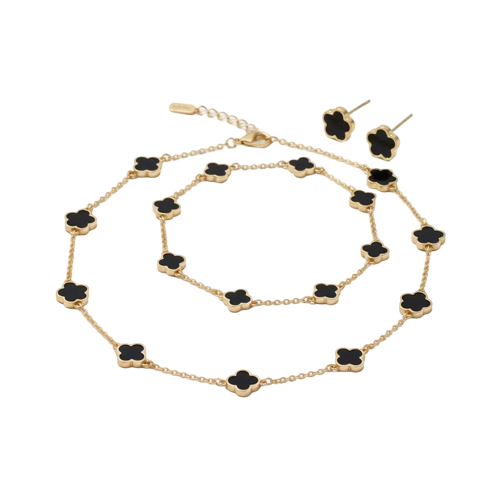 Set de Trébol Verde Vintage - Acero Inoxidable Tono Oro (Set de 3 piezas)