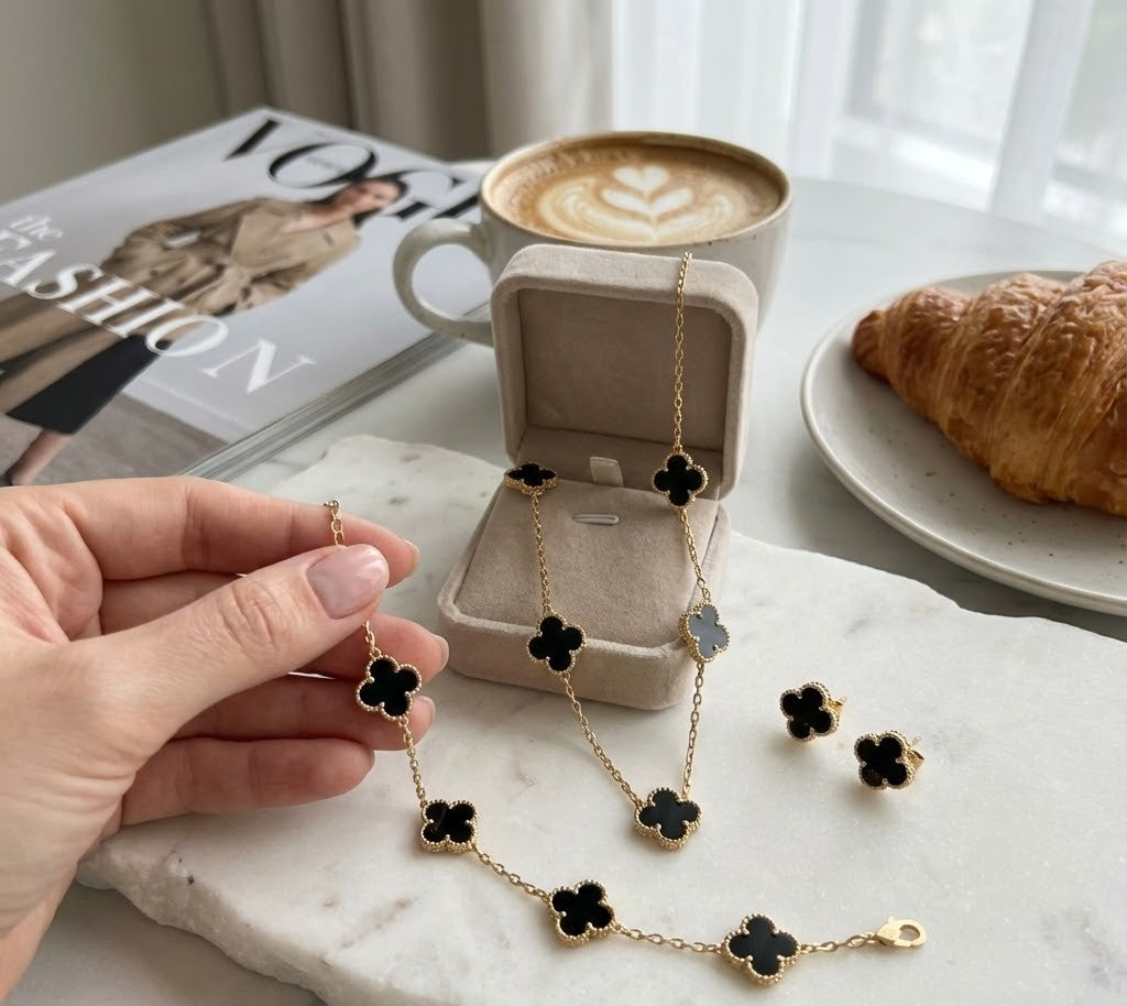 Set de Trébol Verde Vintage - Acero Inoxidable Tono Oro (Set de 3 piezas)