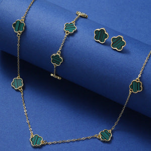 Set de Trébol Verde Vintage - Acero Inoxidable Tono Oro (Set de 3 piezas)